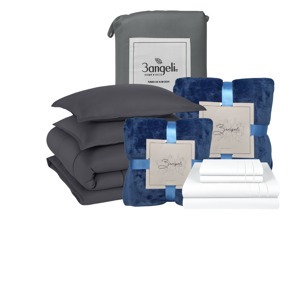 Pack Invierno Gris Cama 2 Plazas Completa 5 Piezas | Cobertor + Duvet + 2 Frazadas + Sábana