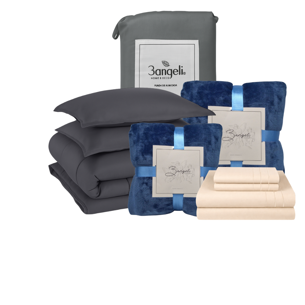 Pack Invierno Gris Cama 2 Plazas Completa 5 Piezas | Cobertor + Duvet + 2 Frazadas + Sábana