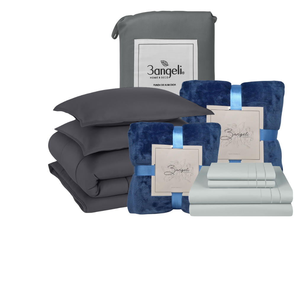 Pack Invierno Gris Cama 2 Plazas Completa 5 Piezas | Cobertor + Duvet + 2 Frazadas + Sábana