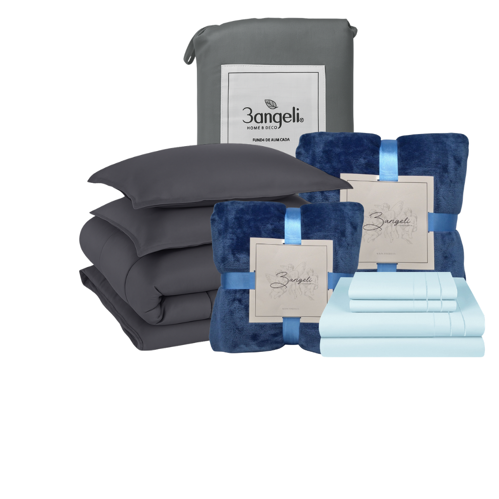 Pack Invierno Gris Cama 2 Plazas Completa 5 Piezas | Cobertor + Duvet + 2 Frazadas + Sábana