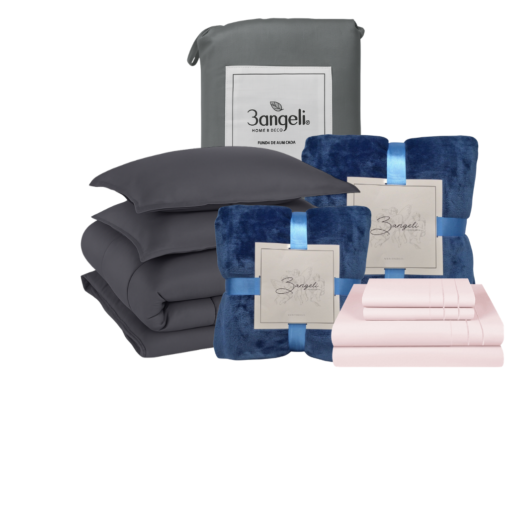 Pack Invierno Gris Cama 2 Plazas Completa 5 Piezas | Cobertor + Duvet + 2 Frazadas + Sábana