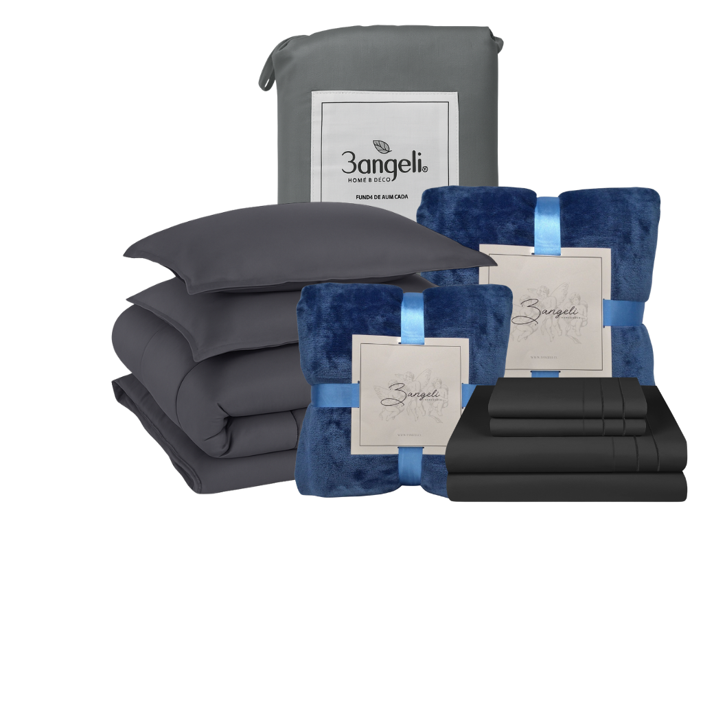 Pack Invierno Gris Cama 2 Plazas Completa 5 Piezas | Cobertor + Duvet + 2 Frazadas + Sábana