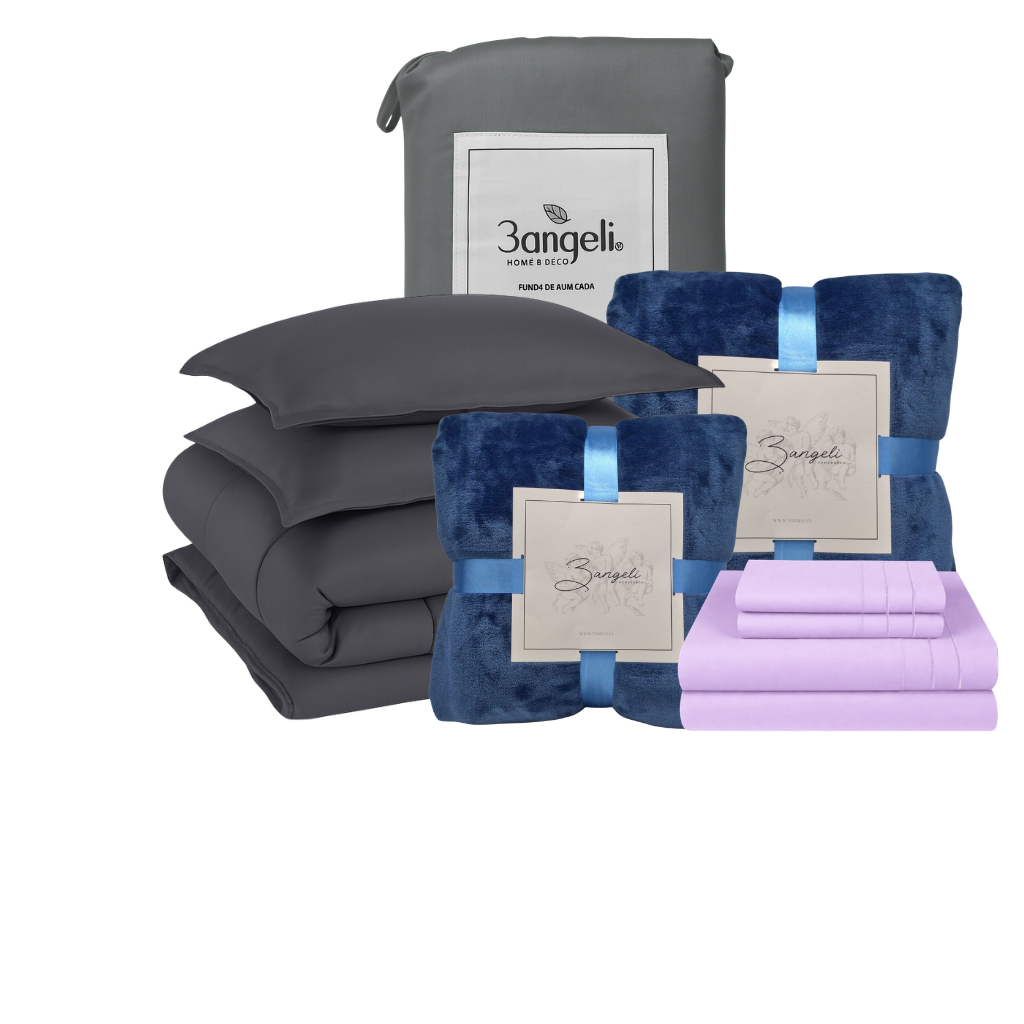 Pack Invierno Gris Cama 2 Plazas Completa 5 Piezas | Cobertor + Duvet + 2 Frazadas + Sábana