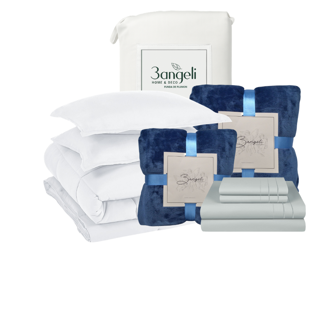 Pack Invierno Blanco Cama 2 Plazas Completa 5 Piezas | Cobertor + Duvet + 2 Frazadas + Sábana