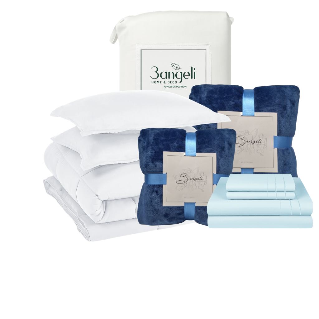 Pack Invierno Blanco Cama 2 Plazas Completa 5 Piezas | Cobertor + Duvet + 2 Frazadas + Sábana