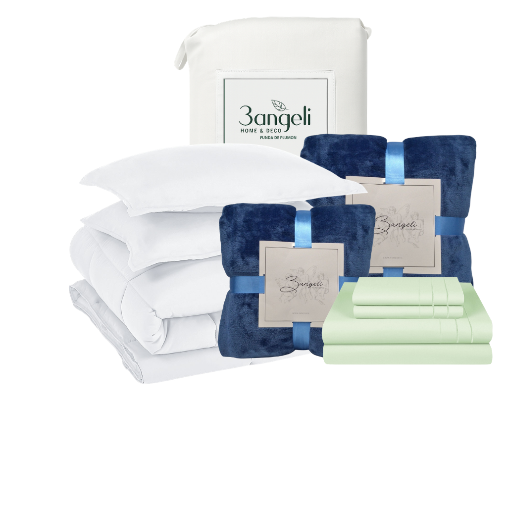 Pack Invierno Blanco Cama 2 Plazas Completa 5 Piezas | Cobertor + Duvet + 2 Frazadas + Sábana
