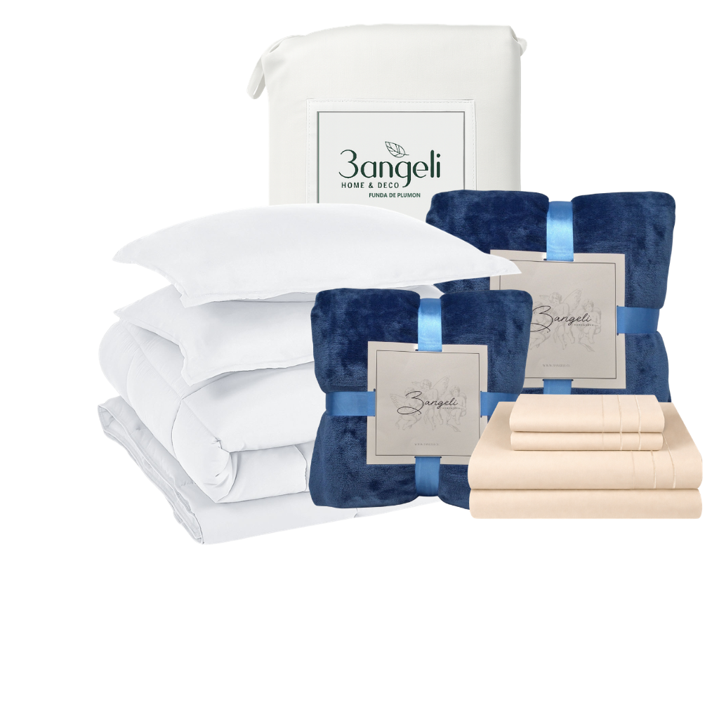 Pack Invierno Blanco Cama 2 Plazas Completa 5 Piezas | Cobertor + Duvet + 2 Frazadas + Sábana