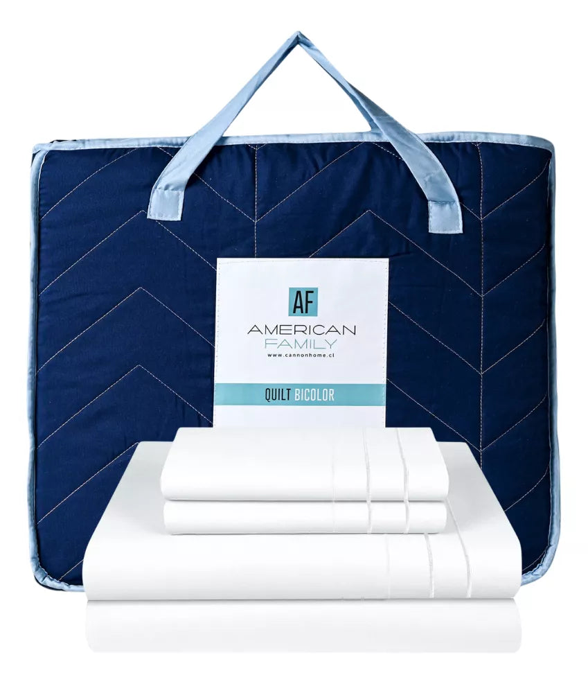 Pack Quilt Bicolor Azul Celeste + Sábana King 3Angeli